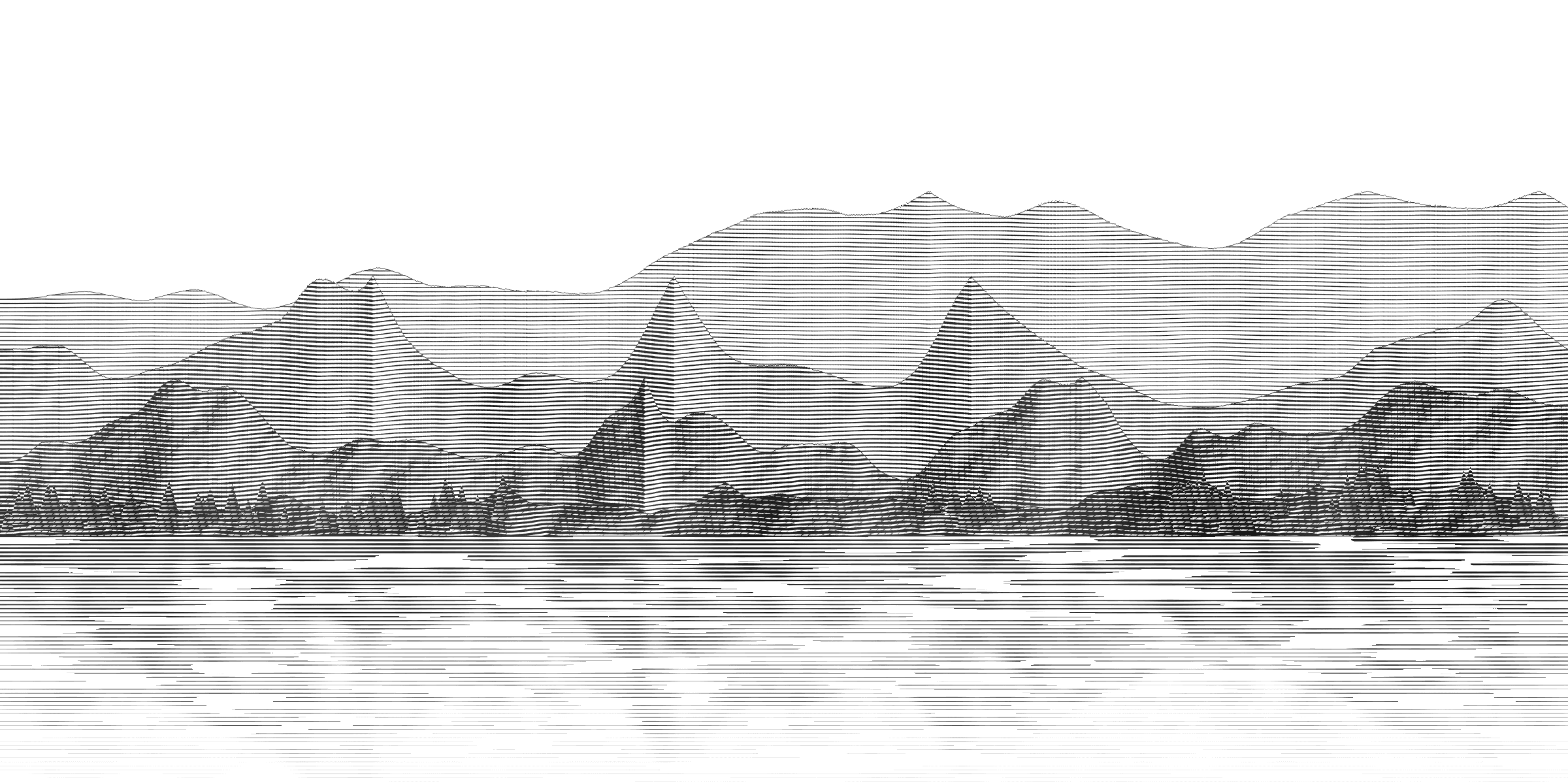 Grabado de un valle de montaña con un lago